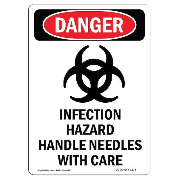 Safety Sign, OSHA Danger, 5" Height, Infection Hazard Handle, Portrait, 10PK